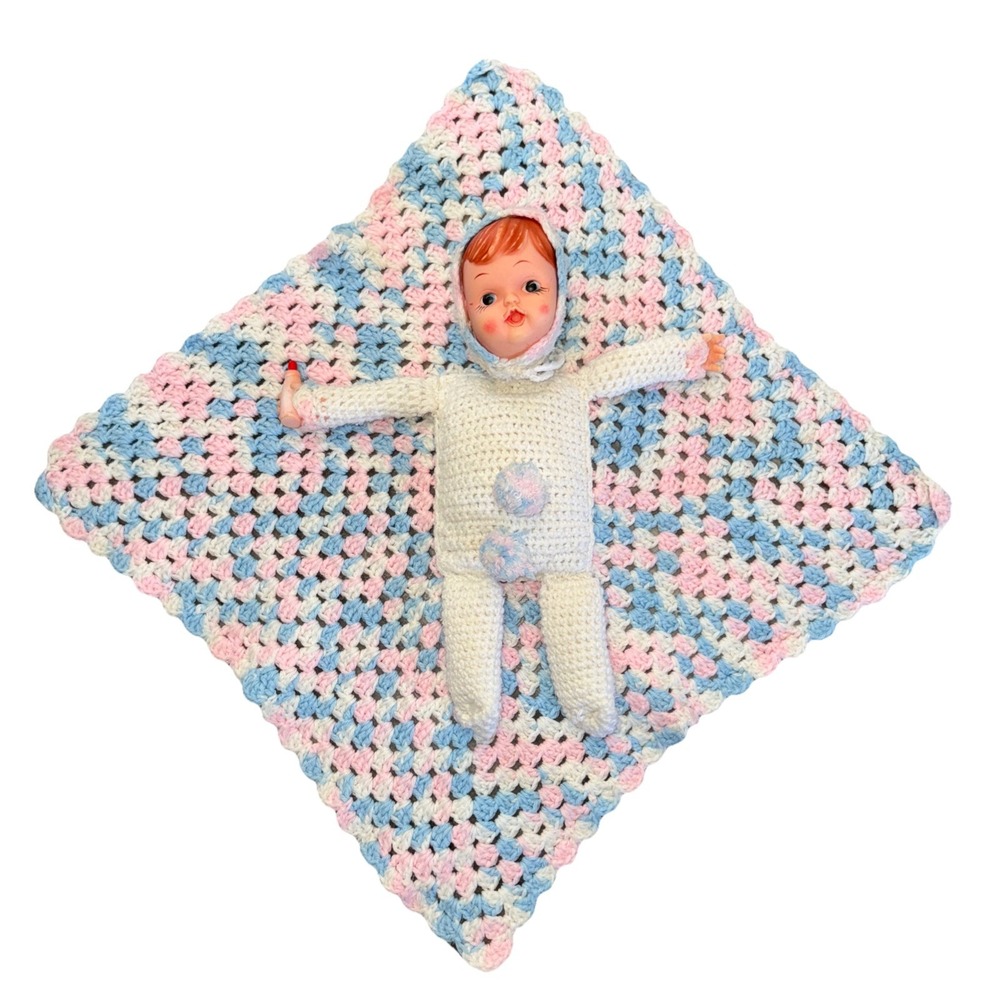 Vintage Handmade Baby Doll Crochet Blanket Lovey White Pink Blue 23X23 In Read